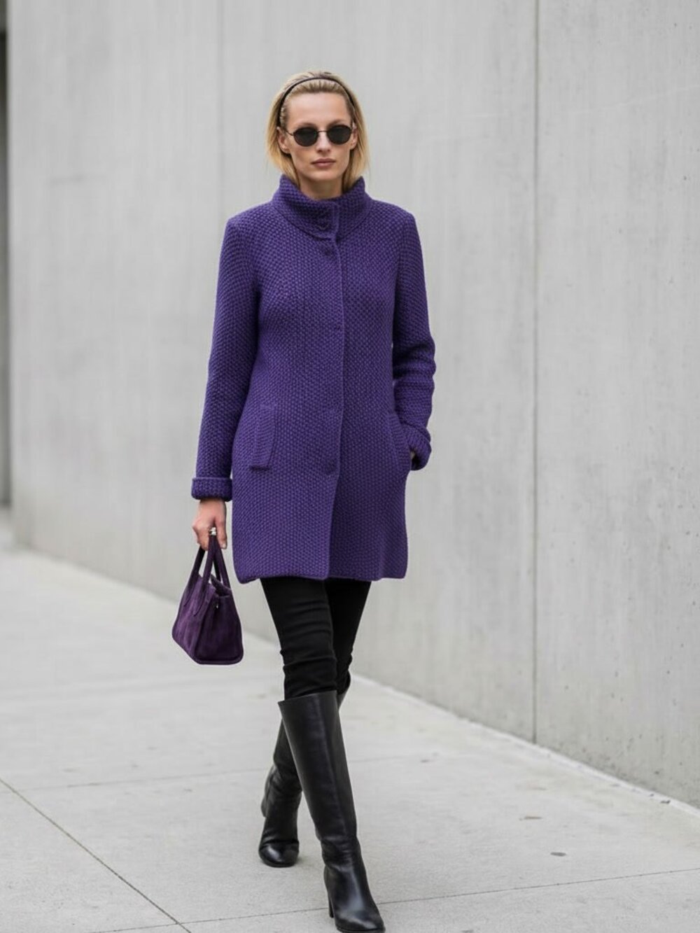 Vintage Ports Royal Purple 100% Wool Funnel Neck Sweater Coat Size S